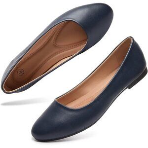 Women's Navy PU Leather Closed Toe Slip on Comfortable Ballet Flats Shoes